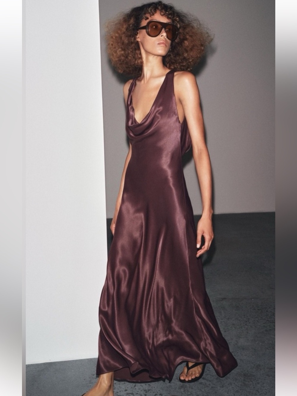 Zara Cowl Neck Draped Satin Effect Spaghetti Strap Maxi Dress Plum Size Medium